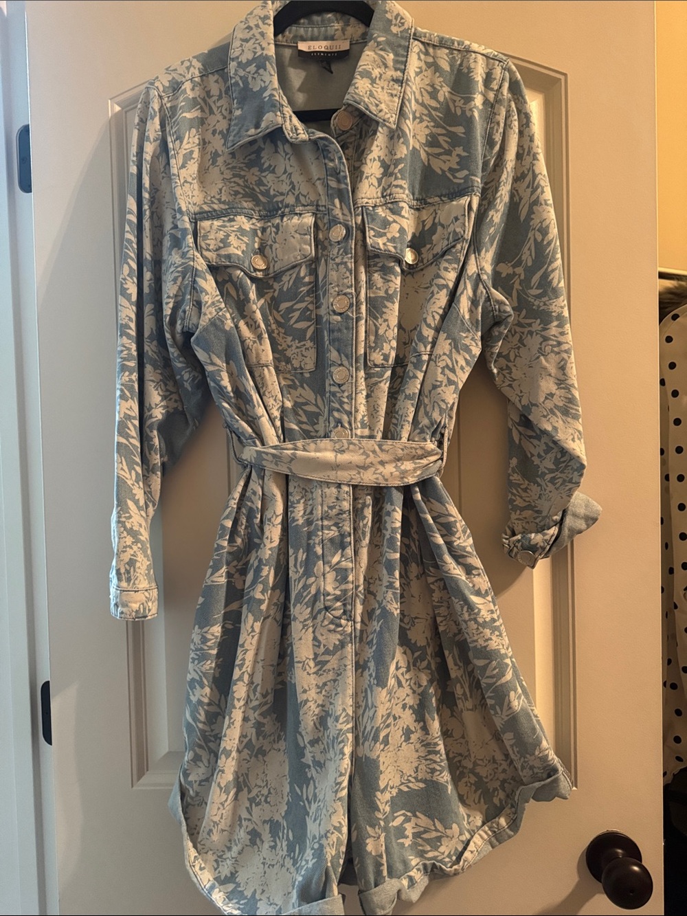 Light Blue Floral Denim Romper with Belt